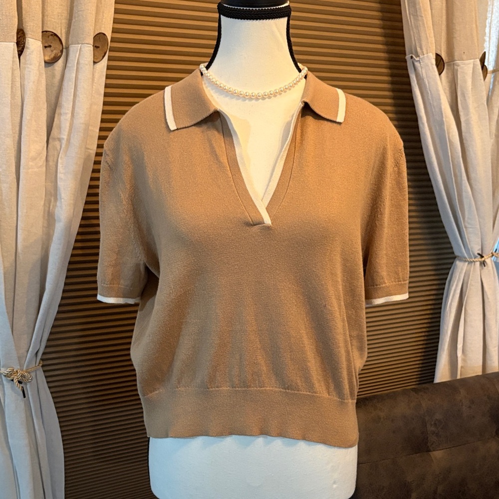 Calvin Klein Polo Sweater in Camel with White Trim